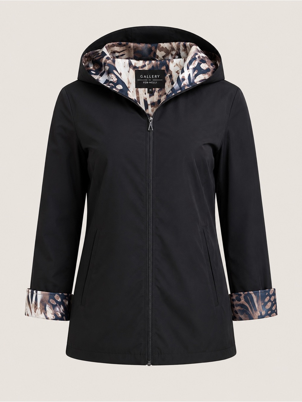 Gallery Fen Nelli Hooded Rain Jacket Black Print Lined Size 14